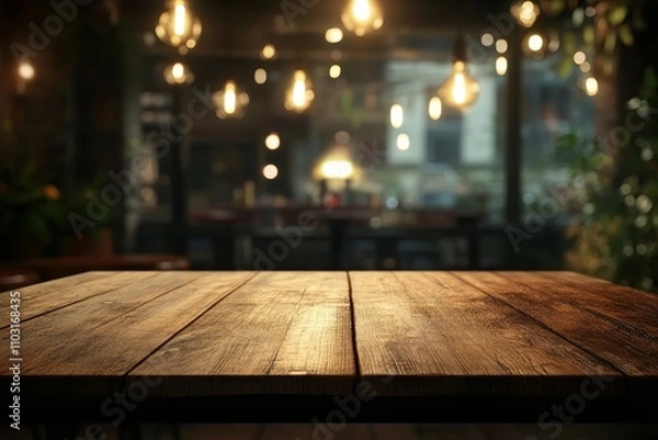 Fototapeta Closeup of rustic wooden table top with warm bokeh lights.