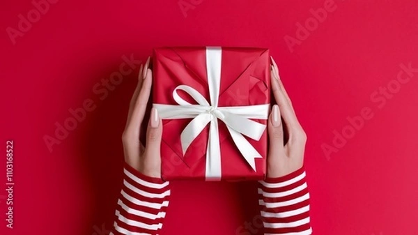 Obraz A photo of a pair of hands gently holding a red gift box with a white ribbon against a vibrant red background. The gift box is wrapped with red paper and ai generated
