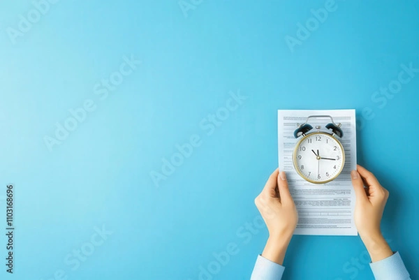 Fototapeta Hands holding clock and tax document, symbolizing urgency and deadlines