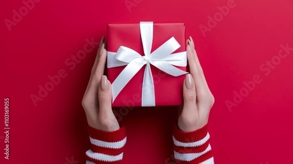 Obraz A photo of a pair of hands gently holding a red gift box with a white ribbon against a vibrant red background. The gift box is wrapped with red paper and ai generated