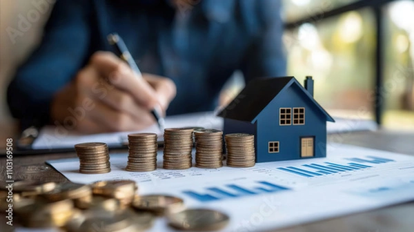 Fototapeta Investing in real estate with financial reports and coins