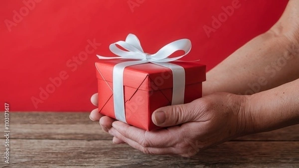 Obraz A photo of a pair of hands gently holding a red gift box with a white ribbon against a vibrant red background. The gift box is wrapped with red paper and ai generated