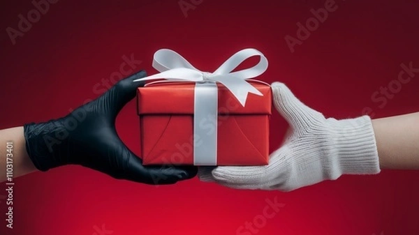 Obraz A photo of a pair of hands gently holding a red gift box with a white ribbon against a vibrant red background. The gift box is wrapped with red paper and ai generated