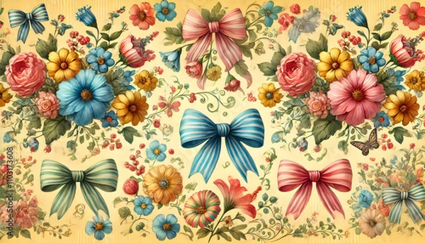 Obraz  金色背景の水彩風花とリボンのパターン