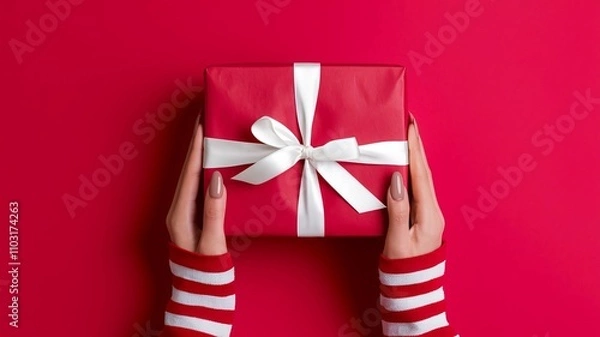 Obraz A photo of a pair of hands gently holding a red gift box with a white ribbon against a vibrant red background. The gift box is wrapped with red paper and ai generated