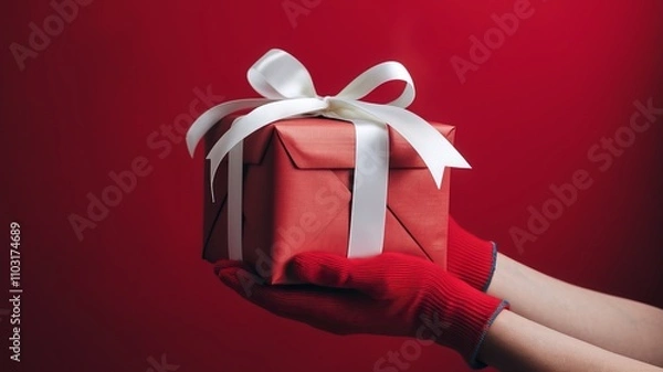 Fototapeta A photo of a pair of hands gently holding a red gift box with a white ribbon against a vibrant red background. The gift box is wrapped with red paper and ai generated