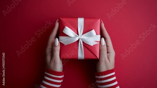 Obraz A photo of a pair of hands gently holding a red gift box with a white ribbon against a vibrant red background. The gift box is wrapped with red paper and ai generated