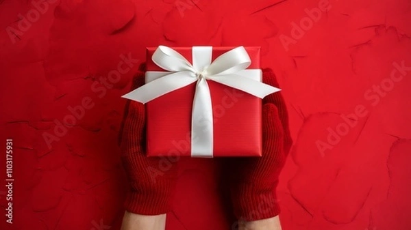 Obraz A photo of a pair of hands gently holding a red gift box with a white ribbon against a vibrant red background. The gift box is wrapped with red paper and ai generated