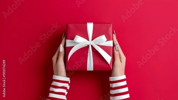 Obraz A photo of a pair of hands gently holding a red gift box with a white ribbon against a vibrant red background. The gift box is wrapped with red paper and ai generated