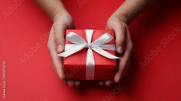 Obraz A photo of a pair of hands gently holding a red gift box with a white ribbon against a vibrant red background. The gift box is wrapped with red paper and ai generated