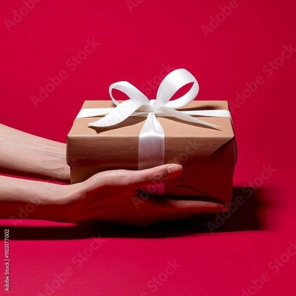 Obraz A photo of a pair of hands gently holding a red gift box with a white ribbon against a vibrant red background. The gift box is wrapped with red paper and ai generated