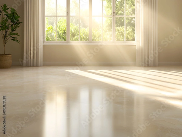 Fototapeta natural light beam crosses shiny wooden floor, creating warm and inviting atmosphere. sunlight filters through large windows, illuminating space beautifully