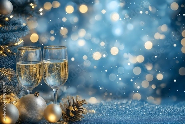 Fototapeta New year and Christmas champagne coast celebration blue and golden glittering on abstract background and  defocused Bokeh Lights with large blank space for text illustration.
