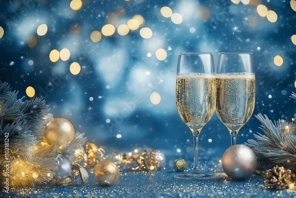 Fototapeta New year and Christmas champagne coast celebration blue and golden glittering on abstract background and  defocused Bokeh Lights with large blank space for text illustration.
