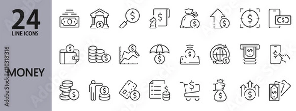 Obraz Money line icons set with Cash, Payment, Currency, Finance, Bank, Dollar, Credit, Investment, Profit and more. Editable Stroke