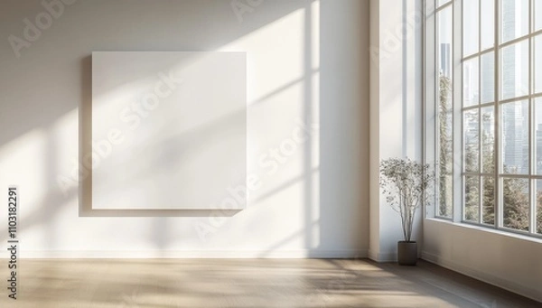 Fototapeta Minimalist empty room interior with large window, wooden floor, white walls, and a blank canvas for mockup.