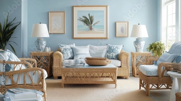 Fototapeta Cozy Coastal Living Room with Rattan Furniture and Blue Accents