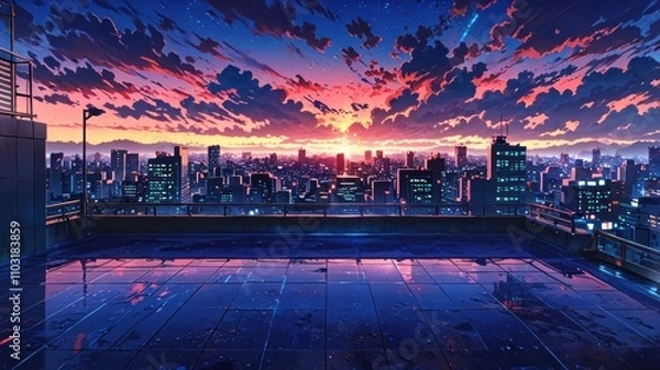 Fototapeta A romantic rooftop view at night, with violet and pink lights from the city in anime style