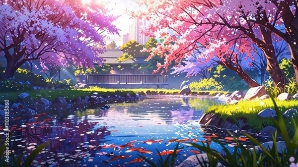 Fototapeta A tranquil anime garden with violet and pink cherry blossoms and a calm pond beneath the setting sun's soft glow.