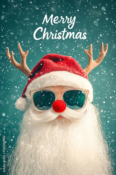 Fototapeta Festive Antlers and Solar Charm: Quirky Christmas Greeting Card with Sunglasses and a Red Nose