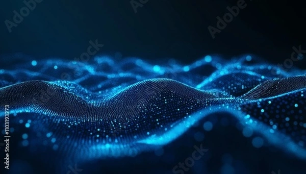 Fototapeta Abstract blue particles wave on a dark background.