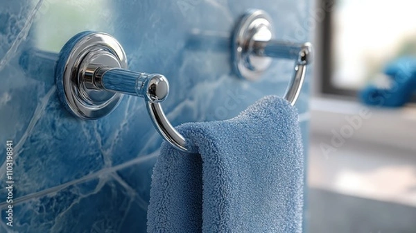 Fototapeta Close-up of a soft blue towel hanging on a chrome holder against a stylish blue marble wall in a modern bathroom setting.