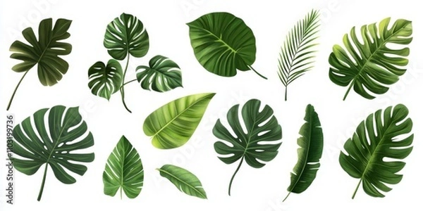 Fototapeta Tropical green leaves isolated on a white background.
