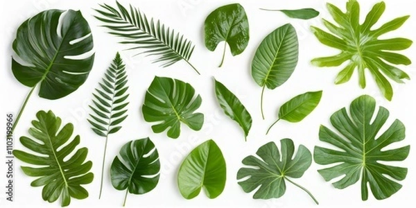 Fototapeta Collection of tropical green leaves on a white background.