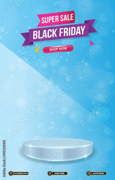 Fototapeta super sale discount portait template banner with blank space 3d podium for social media post product sale with abstract gradient blue background design33