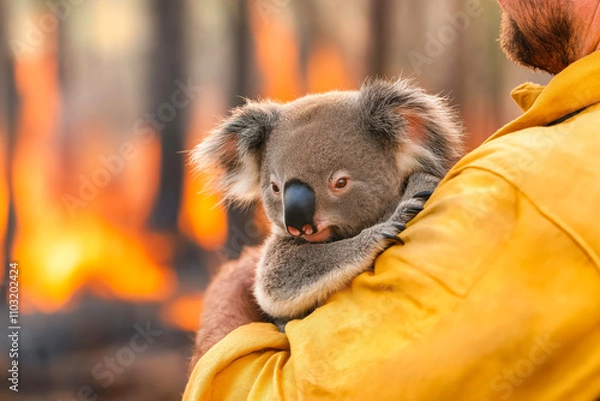 Obraz Rescue efforts for a koala as a firefighter carries the animal away from a bushfire in a moment of urgency and compassion