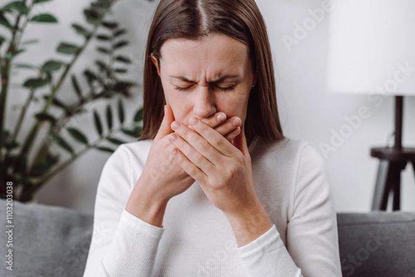 Fototapeta Close up of young woman suffering from nausea at home, caucasian female having morning sickness, ill lady sitting alone on couch in living room, covering mouth