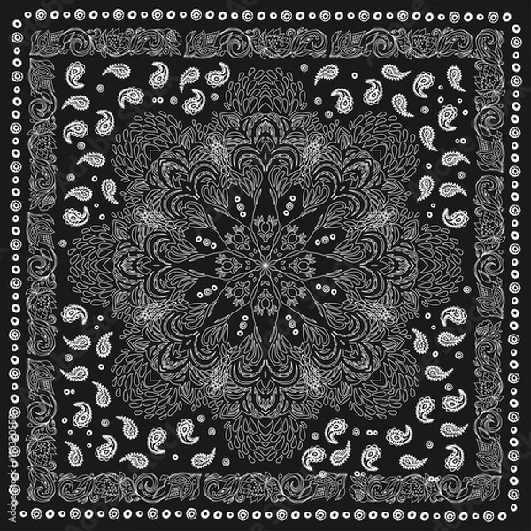 Obraz Paisley and peacock. Bandana print with  design for silk neck scarf.Traditional ethnic pattern. Black and white vector image.
