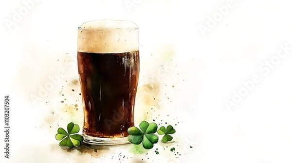 Fototapeta Watercolor illustration cold dark stout Guinness beer close up St Patrick's Day traditional alcoholic drink, green golden bokeh lightning effect background, religious holiday	
