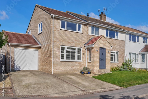 Obraz Exterior Of  Typical UK Semi Detached House Or Home Viewed From Front Elevation With Garage