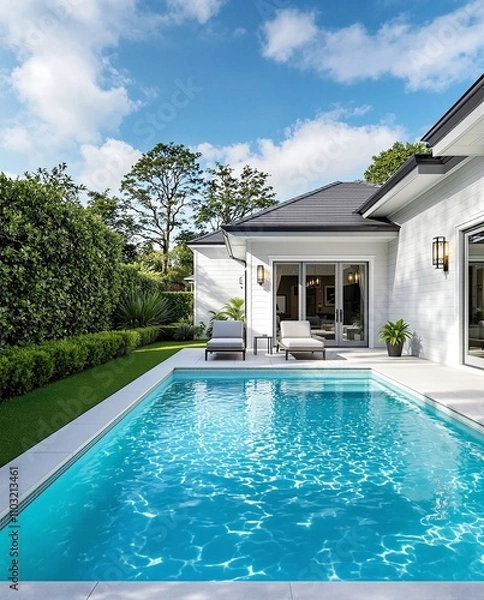 Fototapeta Serene Modern Backyard Pool with Lush Greenery and Sunlit Patio