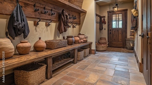 Fototapeta A rustic yet luxurious southwestern mudroom with richly stained wooden benches and hooks for outerwear. The flooring is a beautiful Saltillo tile