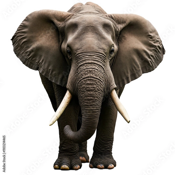 Fototapeta An elephant facing forward, showing its trunk, large ears, and tusks. The elephant appears powerful and majestic. The background is transparent.