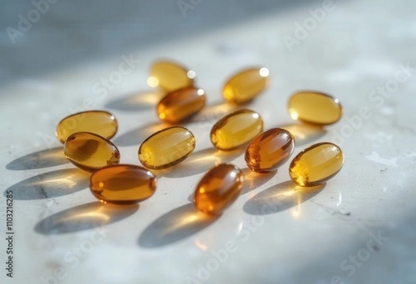 Fototapeta Amber Capsules on Marble Surface