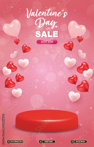 Fototapeta valentine sale discount portait template banner with blank space 3d podium for social media post product sale with abstract gradient red background design37