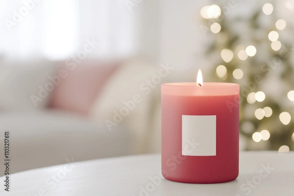 Fototapeta Mock up for candle label on bright living room backgrounds. ai generated