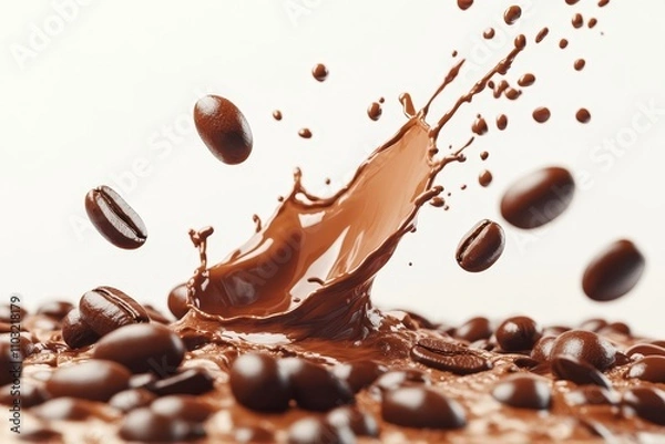 Fototapeta Close-up of a chocolate splash with coffee beans.