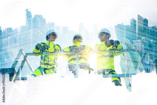 Fototapeta The double exposure image of the engineer thinking overlays with cityscape image with copy space. The concept of engineering, construction, futuristic and industry.