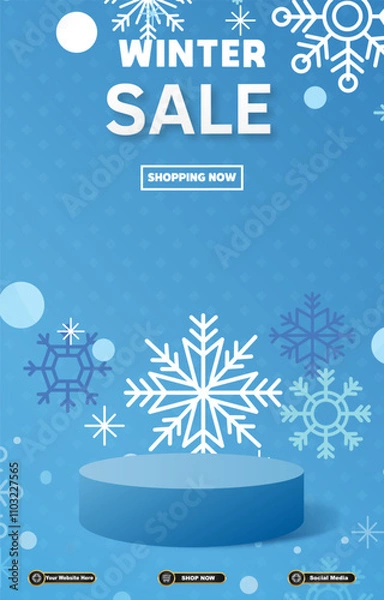 Fototapeta winter sale discount portait template banner with blank space 3d podium for social media post product sale with abstract gradient blue background design10