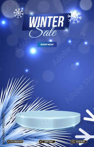 Fototapeta winter sale discount portait template banner with blank space 3d podium for social media post product sale with abstract gradient blue background design 13