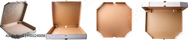 Fototapeta Empty pizza boxes in four different angles showing their interior and exterior, ideal for food delivery, restaurant packaging, or takeout scenarios with a professional look
