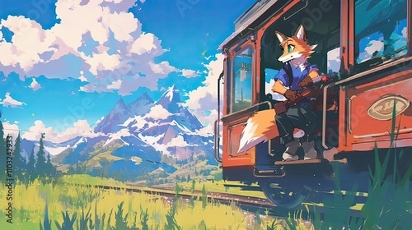 Fototapeta An Anthropomorphic Fox Rides A Train Through Majestic Mountains