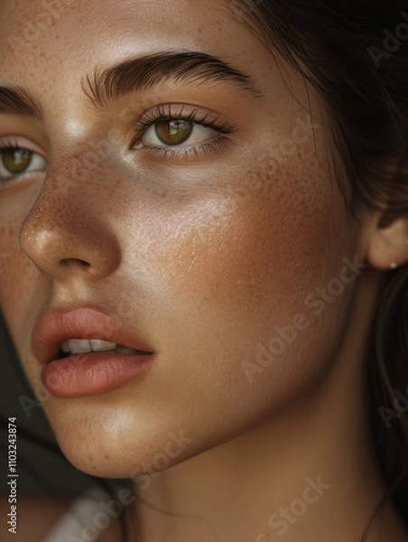 Obraz woman pose for a magazine, in the style of minimalist beauty, warm palettes, distinct facial features, hyper-realistic oil, drugcore, shiny/glossy, softly organic. 