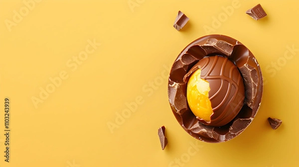 Fototapeta Boiled chicken egg in chocolate shell on yellow background. Top view. Easter concept.