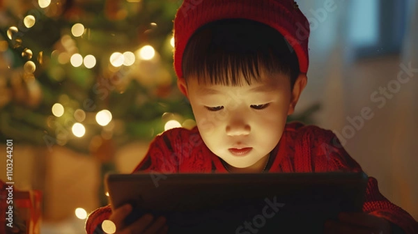 Fototapeta Boy in red christmas hat play on tablet at home near christmas tree in the evening.