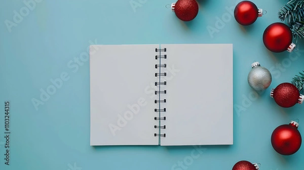 Fototapeta Blank notebook with place for text and Red Christmas baubles decoration around on blue background. Flat lay. Holiday concept.